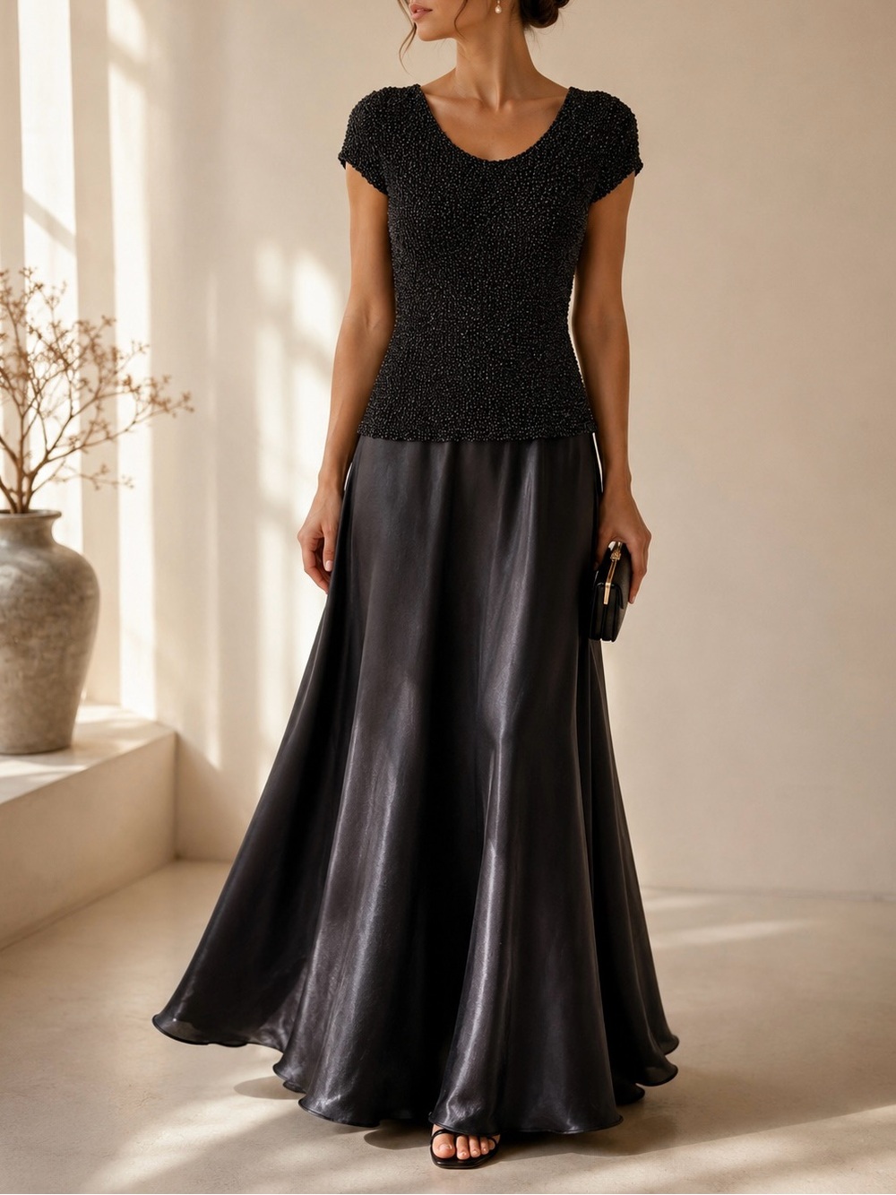 Vintage Black Formal Maxi Dress Size 8 Textured Bodice Satin Look Evening Gown